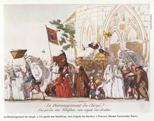 Caricature à l’effigie de la vente des biens nationaux « Le déménagement du Clergé. J’ai perdu mes bénéfices, rien n’égale ma douleur »