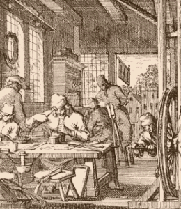 Corporation des aiguilletiers (fabricants de lacets) au travail