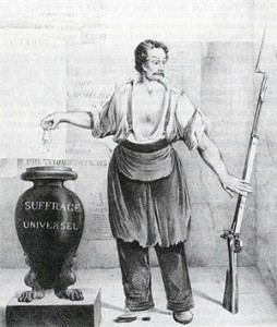 L’urne et le fusil, gravure sur la consécration du suffrage universel en France en août 1792 (1848)