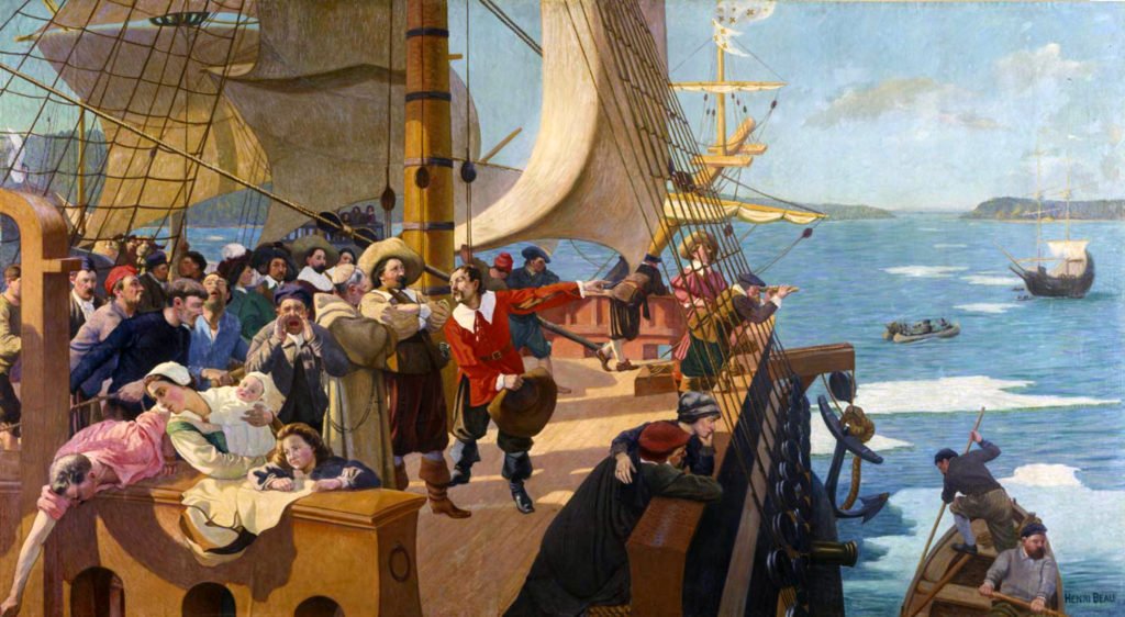 L'arrivée de Champlain à Québec, tableau de Henri Beau commandé en 1902 pour orner la salle du Conseil législatif. Source Wikipedia